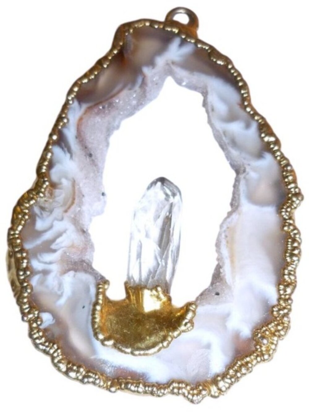 Natural Agate Druzy Geode Slice Pendant Clear Quartz‎ Crystal Gold Wire Wrapped